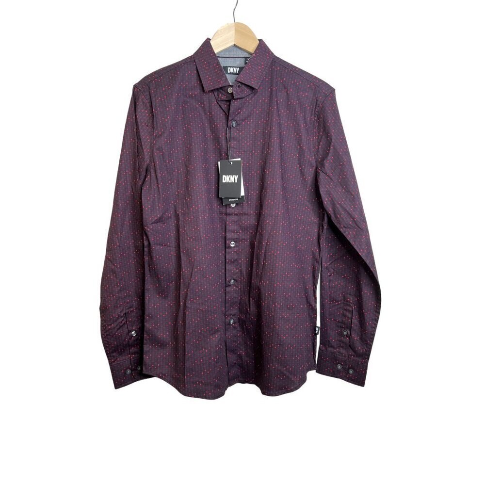DKNY Garnet Woven Shirt Mens Size Medium Purple Red Letters